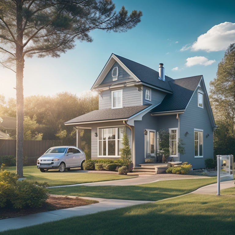 A cozy suburban home with solar panels on the roof, surrounded by lush greenery, featuring an electric vehicle charging station in the driveway, and a wind turbine visible in the background under a bright blue sky.