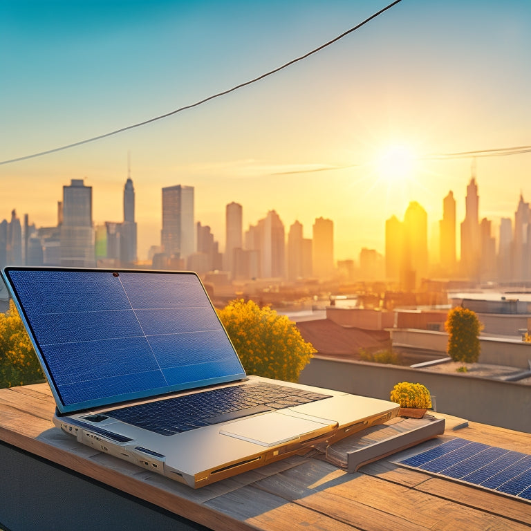 A photorealistic illustration of a laptop on a sunny rooftop, surrounded by solar panels and wires, with a subtle cityscape in the background, conveying a sense of modernity and innovation.