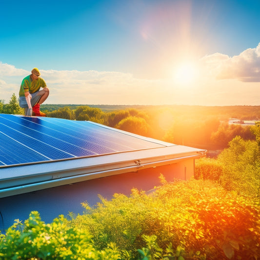 A sunlit rooftop with gleaming solar panels, a person gently cleaning them with a soft brush, surrounded by lush greenery, showcasing a clear blue sky and soft clouds, emphasizing maintenance and care in a serene setting.