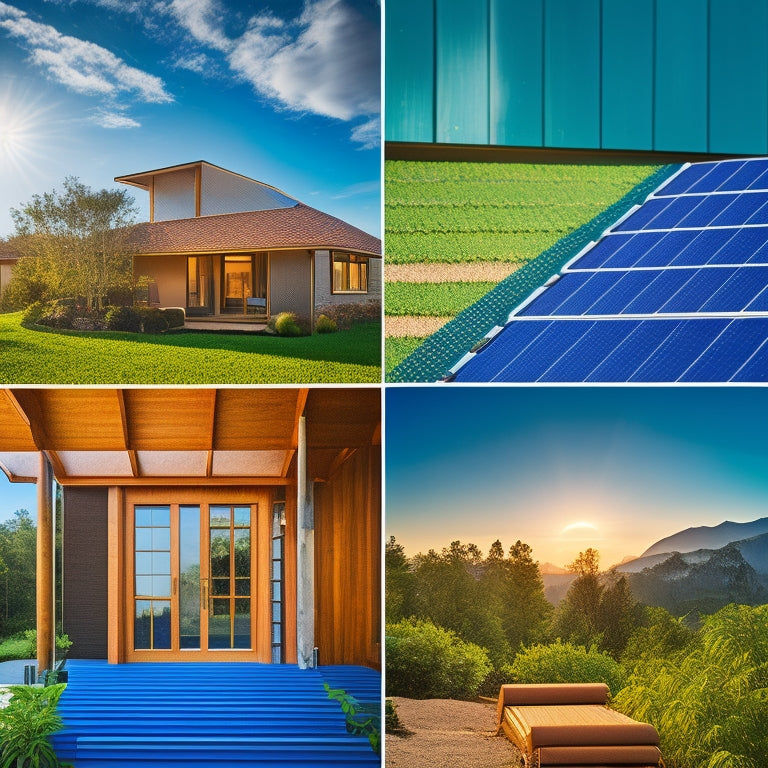 A vibrant collage of renewable building materials: bamboo beams, recycled metal roofing, solar panels, and hemp insulation, set against a backdrop of a sustainable home surrounded by lush greenery and a bright blue sky.