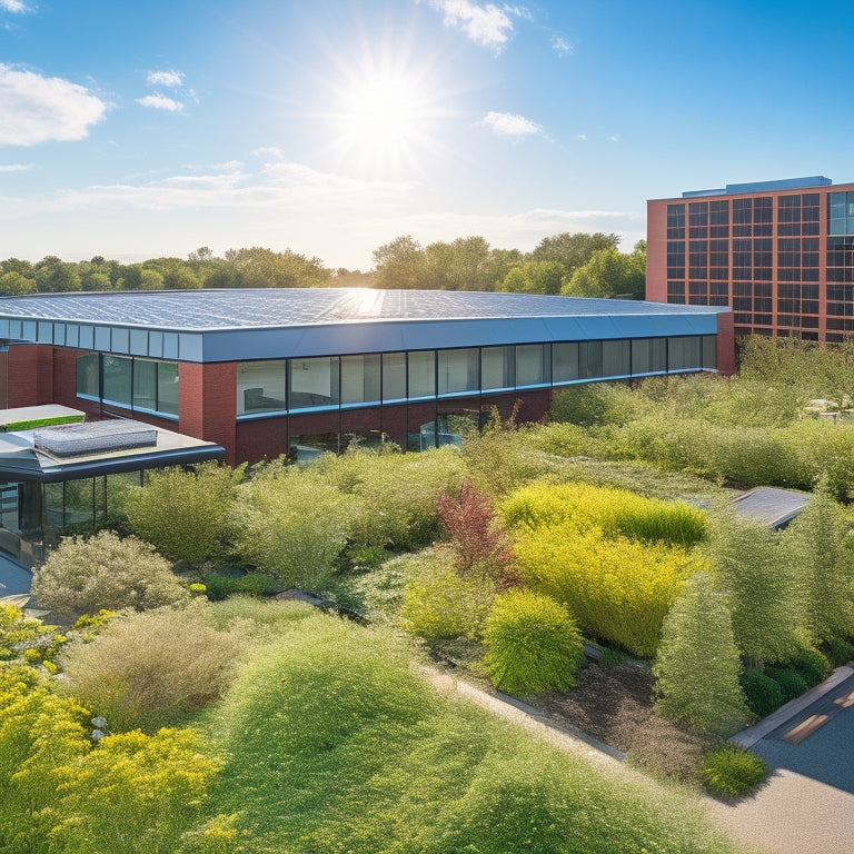 A lush green rooftop garden featuring diverse plant species, integrated solar panels, and a rainwater collection system, surrounded by a modern eco-friendly building with large windows and natural wood elements, under a bright blue sky.