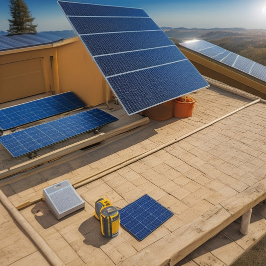 A sunny rooftop with a mix of installed and uninstalled solar panels, a ladder, toolbox, and measuring tape, surrounded by architectural blueprints and a calculator.