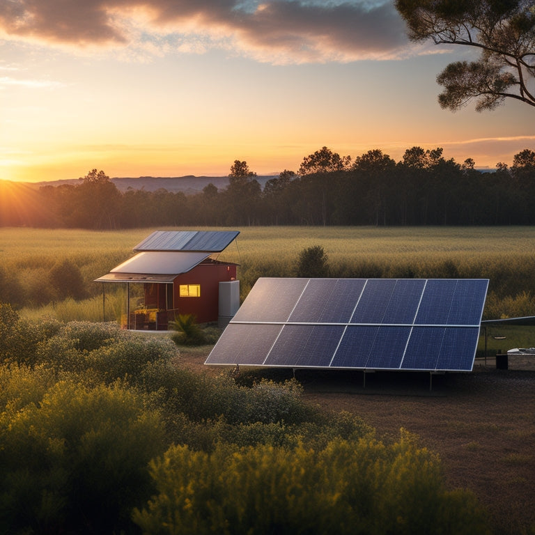 A serene landscape showcasing a modern off-grid solar setup: sleek solar panels on a rooftop, a digital monitoring screen displaying energy metrics, surrounded by lush greenery and a tranquil sunset.