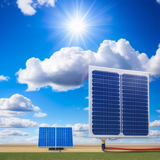 An illustration of a solar panel with a built-in inverter, showcasing photovoltaic cells, DC power cables, and an inverter unit with AC output cables, set against a bright blue sky with fluffy white clouds.