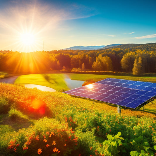 A vibrant landscape featuring solar panels glistening under a bright sun, surrounded by lush greenery, wildlife thriving, and a clear blue sky, symbolizing harmony between technology and nature in promoting sustainability.