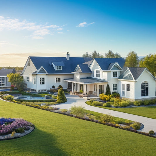 A serene suburban landscape with a mix of modern and traditional homes, each adorned with sleek solar panels in varying wattages (250-400W) and configurations, set against a bright blue sky with fluffy white clouds.