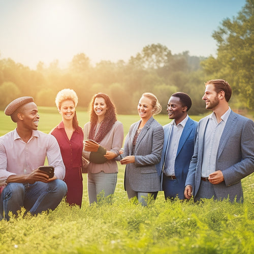 A diverse group of business owners discussing solar panels under a bright sun, surrounded by lush greenery and solar farms, showcasing various solar technologies and happy employees, conveying innovation and sustainability.