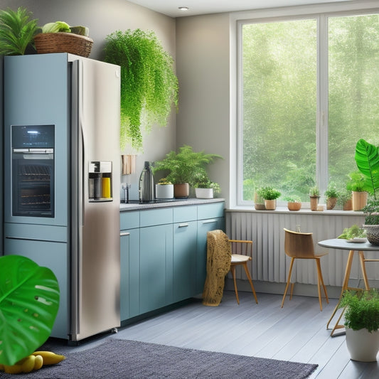 A modern kitchen featuring sleek smart appliances like a low-energy refrigerator, a compact washing machine, and an energy-efficient oven, all set against a backdrop of soft, natural lighting and green indoor plants.
