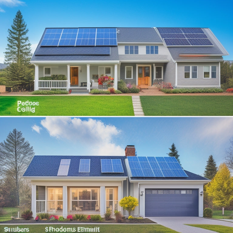 A split-screen image featuring a suburban home with solar panels on the roof on one side, and a comparison chart with various solar panel systems and their prices on the other.