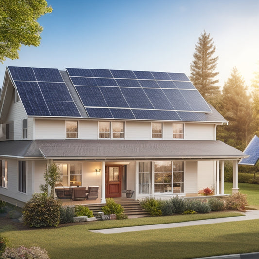 An illustration of a typical suburban home with variously sized solar panels on the roof, showcasing different installation styles and angles, surrounded by a subtle grid pattern.