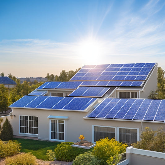 A serene suburban rooftop with three different solar panel arrays, each with unique installation styles and panel types, set against a bright blue sky with a few wispy clouds.