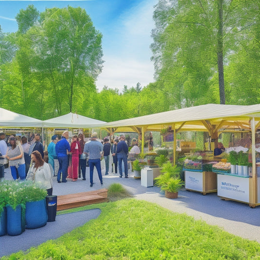 A vibrant marketplace showcasing a variety of sustainable solar products: solar panels glistening under sunlight, eco-friendly solar chargers, potted plants, and shoppers examining solar-powered gadgets, surrounded by lush greenery and natural materials.