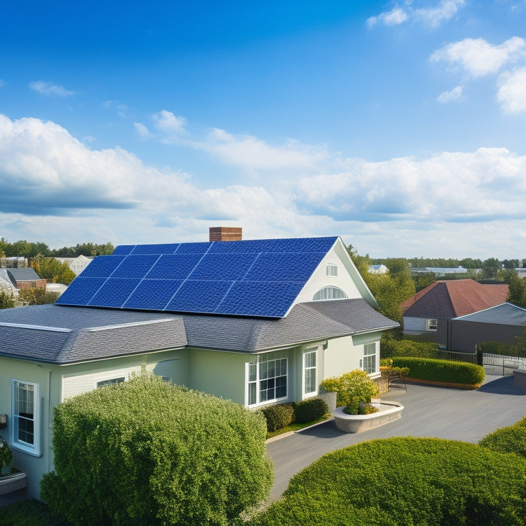 A serene suburban rooftop with a mix of traditional asphalt shingles and sleek, black solar panels, amidst a backdrop of fluffy white clouds and a bright blue sky.