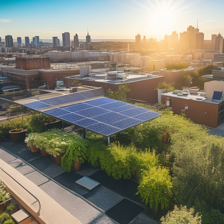 A vibrant urban rooftop adorned with solar panels, lush green plants, and colorful urban gardens. Sunlight filters through clear blue skies, illuminating eco-friendly homes and people enjoying nature in a sustainable cityscape.