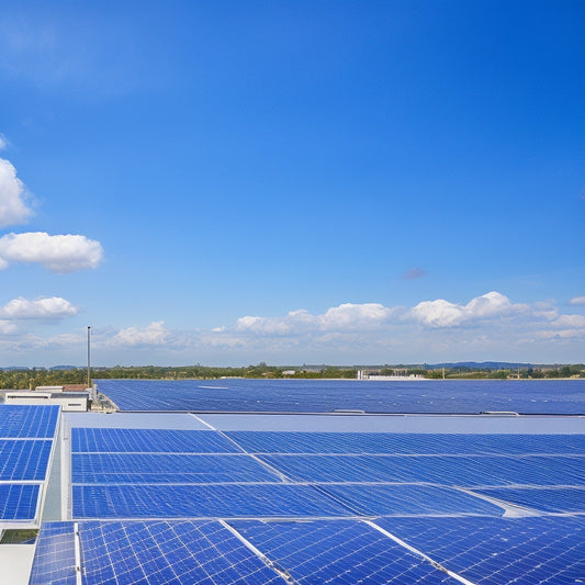 A bright blue sky with a few white, puffy clouds, and a modern, sleek rooftop with multiple solar panels of varying sizes and designs, installed at different angles.