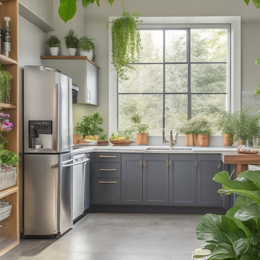 A modern small business kitchen featuring sleek, energy-efficient appliances like a compact refrigerator, induction cooktop, and dishwasher, surrounded by lush indoor plants, natural light streaming through large windows, and eco-friendly decor.