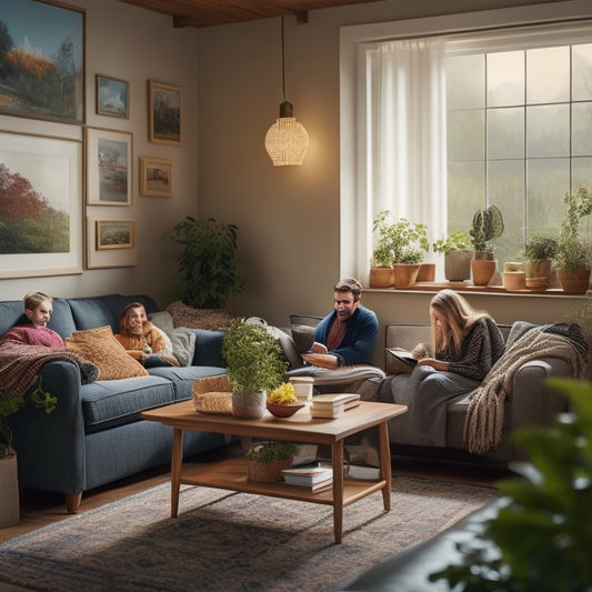 A cozy living room with energy-efficient LED bulbs, a programmable thermostat on the wall, potted plants near windows, and a family using blankets while reading, highlighting warmth and sustainability in a bright, airy space.