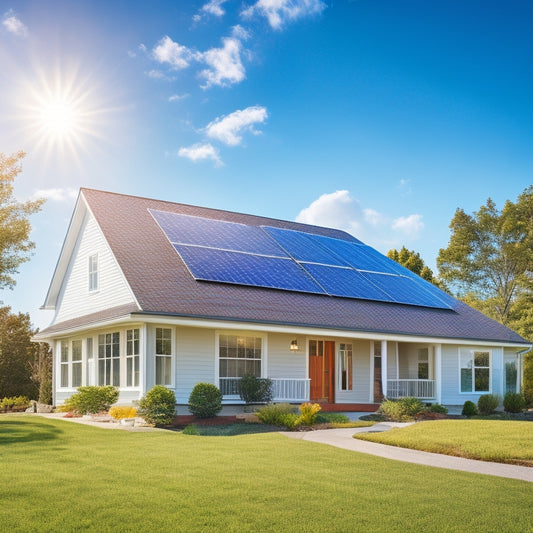 A serene suburban home with solar panels of varying sizes and installations (roof-mounted, ground-mounted, and solar shingles) against a bright blue sky with fluffy white clouds.