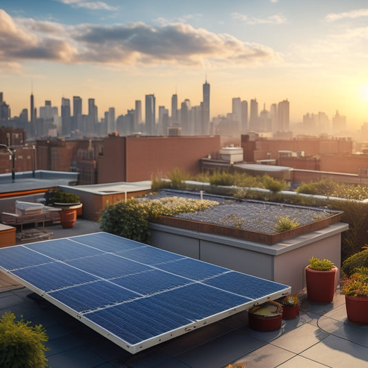 A serene residential rooftop with a mix of installed solar panels and empty space, surrounded by measurement tapes, calculators, and blueprints, with a subtle cityscape in the background.