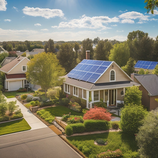 A serene suburban neighborhood with solar panels installed on rooftops, surrounded by lush greenery, with a bright blue sky and fluffy white clouds, conveying a sense of eco-friendliness and sustainability.