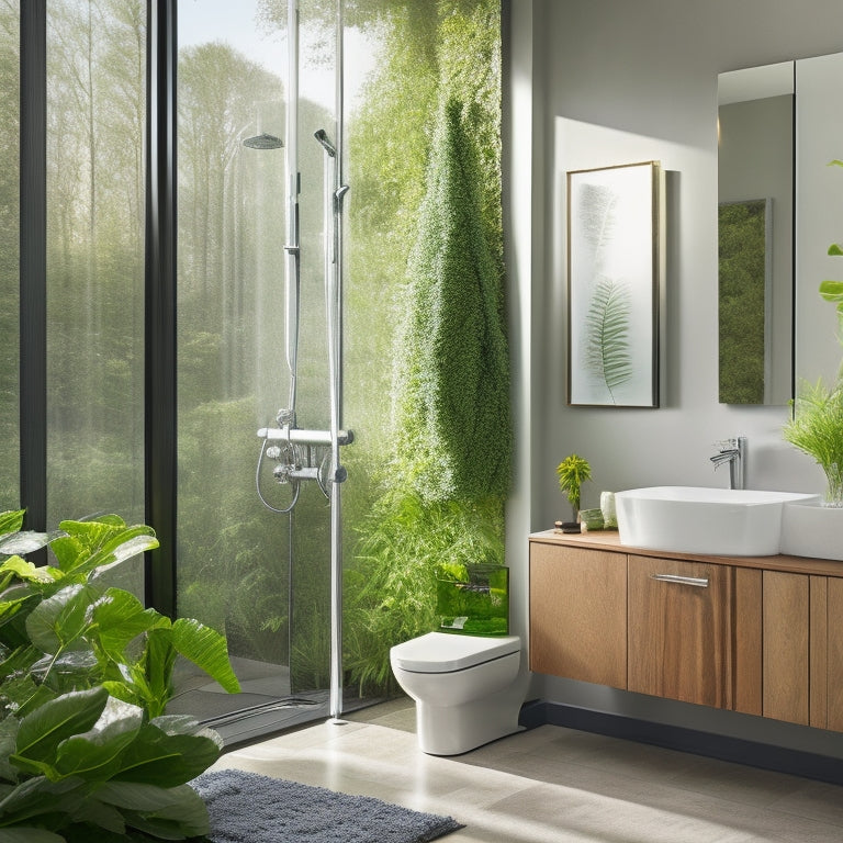 A sleek, modern bathroom showcasing water-saving fixtures: a low-flow showerhead with a gentle cascade, a dual-flush toilet, and a stylish sink with an aerator, surrounded by lush greenery and natural light.