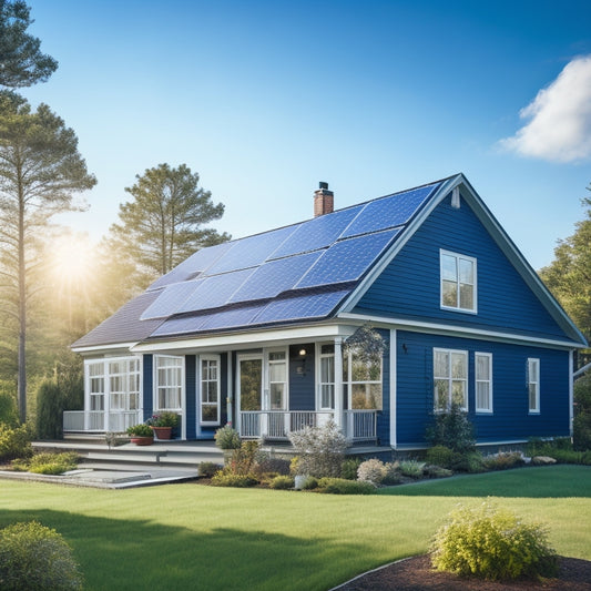 A serene suburban home with a pitched roof, covered in a mix of dark blue and silver solar panels, surrounded by lush greenery and a bright blue sky with fluffy white clouds.