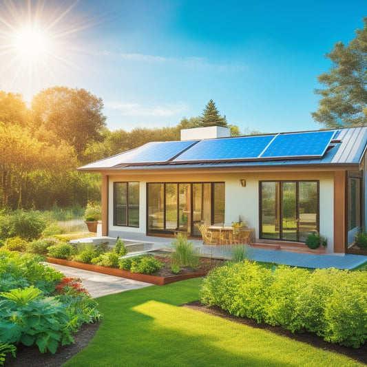 A vibrant scene showcasing a modern home with solar panels on the roof, surrounded by lush greenery, a vegetable garden, and a clear blue sky with the sun shining brightly, symbolizing sustainable living.