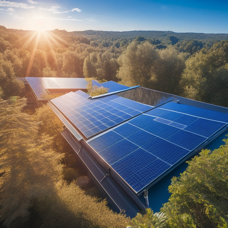 A lush rooftop adorned with sleek, high-efficiency solar panels glistening under a bright sun, surrounded by verdant trees and a clear blue sky, symbolizing sustainable energy and significant savings.