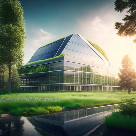 A futuristic, modern office building with sleek glass and steel architecture, surrounded by lush greenery, with solar panels and wind turbines integrated into its design, emitting a bright, pulsing green glow.