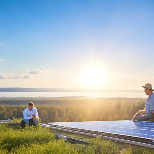A serene rooftop scene showcasing solar panels, a technician inspecting them with tools, surrounded by lush greenery, blue skies, and a distant wind turbine, highlighting eco-friendly maintenance practices and cost reduction.