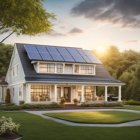 A serene suburban home with a mix of traditional and modern solar panels on the roof, surrounded by lush greenery, with a subtle sunny glow and a few fluffy white clouds in the sky.