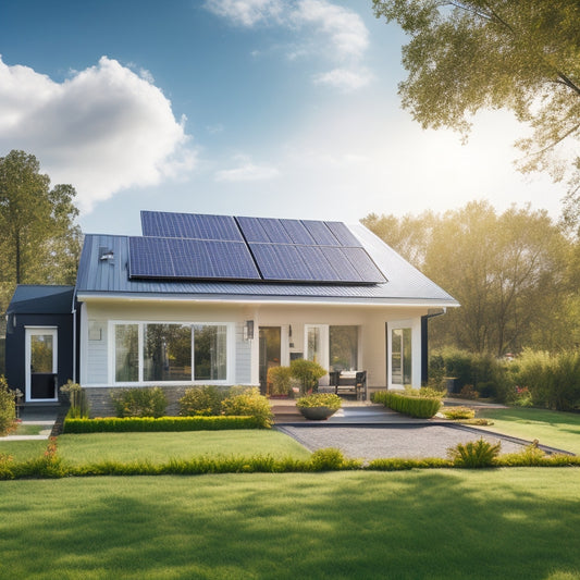 A serene suburban home with a pitched roof, partially covered in sleek black solar panels, surrounded by lush greenery and a bright blue sky with a few white, puffy clouds.