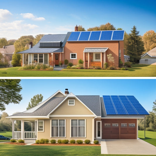 An illustration of a split-screen comparison: a sunny suburban home with a rooftop solar panel installation in a low-cost region (green grass, few trees) vs. a similar home in a high-cost region (urban skyline, dense foliage).