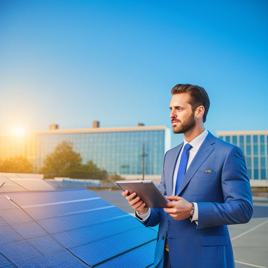 An image depicting a businessman standing in front of a commercial building with solar panels on the roof, holding a tablet with a cost-benefit analysis chart, surrounded by blueprints and calculators.