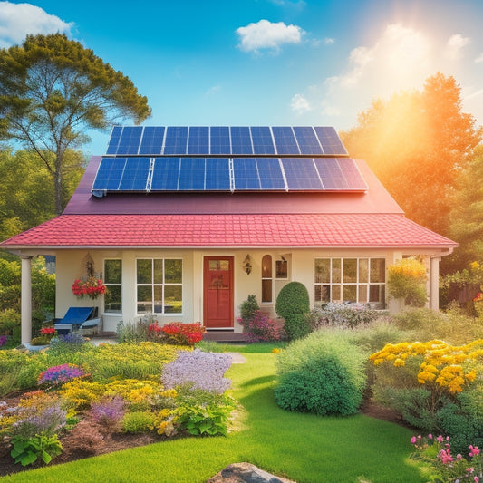 A serene green home with solar panels on the roof, surrounded by lush gardens, vibrant flowers, and a blue sky. A family enjoys outdoor activities, showcasing harmony with nature and sustainable living.