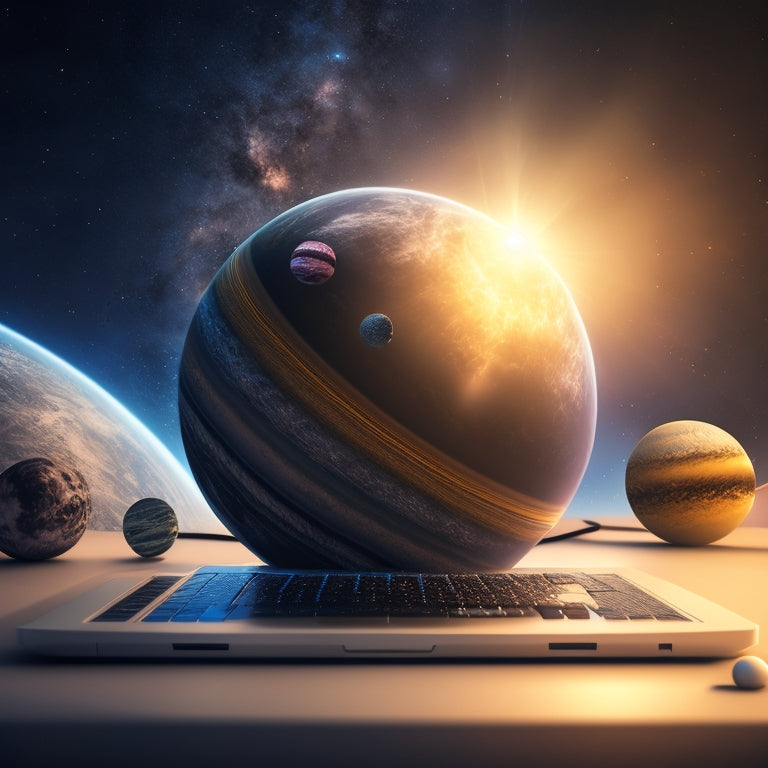 A stylized illustration of a laptop screen displaying a 3D model of the solar system, with orbiting planets and a bright, glowing sun at the center, surrounded by digital tools and diagrams.