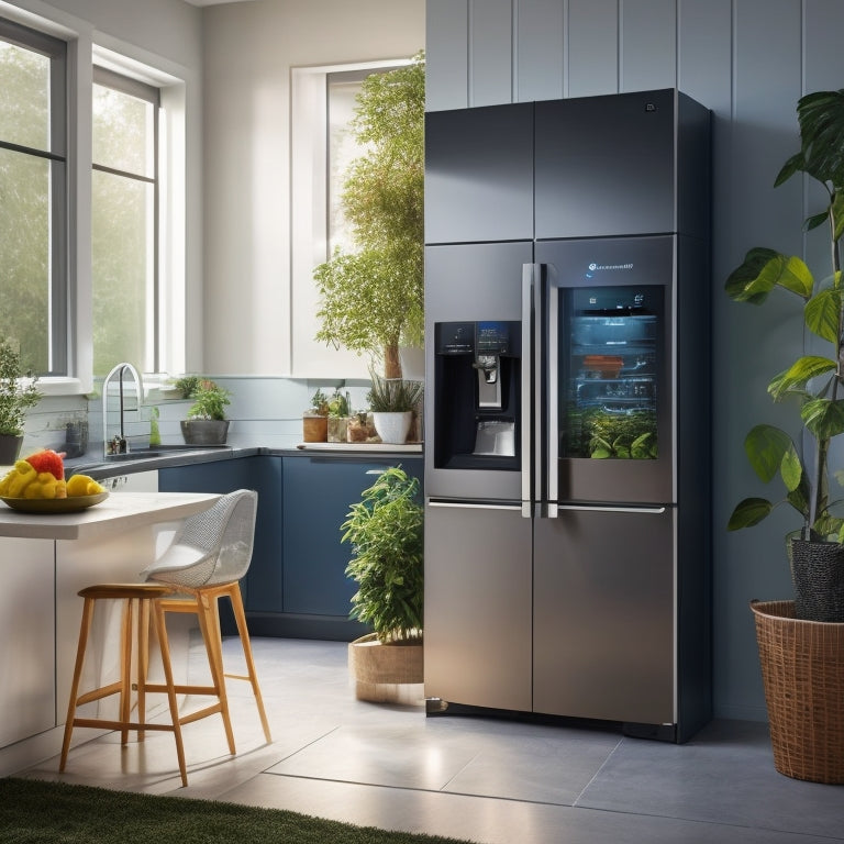 A modern kitchen showcasing sleek, energy-efficient smart appliances: a refrigerator with a touchscreen panel, a dishwasher with LED indicators, and a washing machine with eco-friendly symbols, all surrounded by green plants.