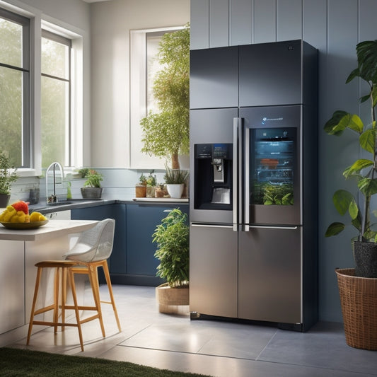 A modern kitchen showcasing sleek, energy-efficient smart appliances: a refrigerator with a touchscreen panel, a dishwasher with LED indicators, and a washing machine with eco-friendly symbols, all surrounded by green plants.