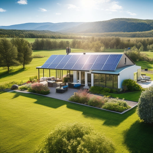 A modern solar-powered home nestled in a lush green landscape, with solar panels glistening on the roof, surrounded by vibrant gardens, wind turbines in the distance, and a clear blue sky overhead.