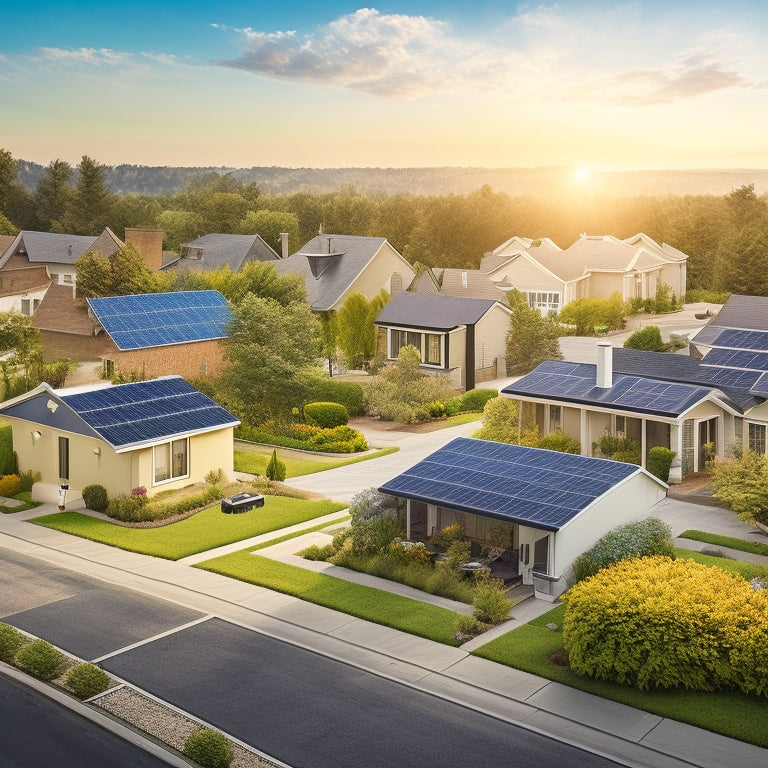 An illustration of a residential street with various houses, each with a different solar panel setup, ranging from small rooftop arrays to expansive yard installations, showcasing diverse price points.