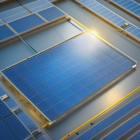 A photorealistic illustration of a solar panel's internal components, showcasing photovoltaic cells, busbars, and anti-reflective coatings, with sunlight rays and electrical currents visualized as glowing pathways.