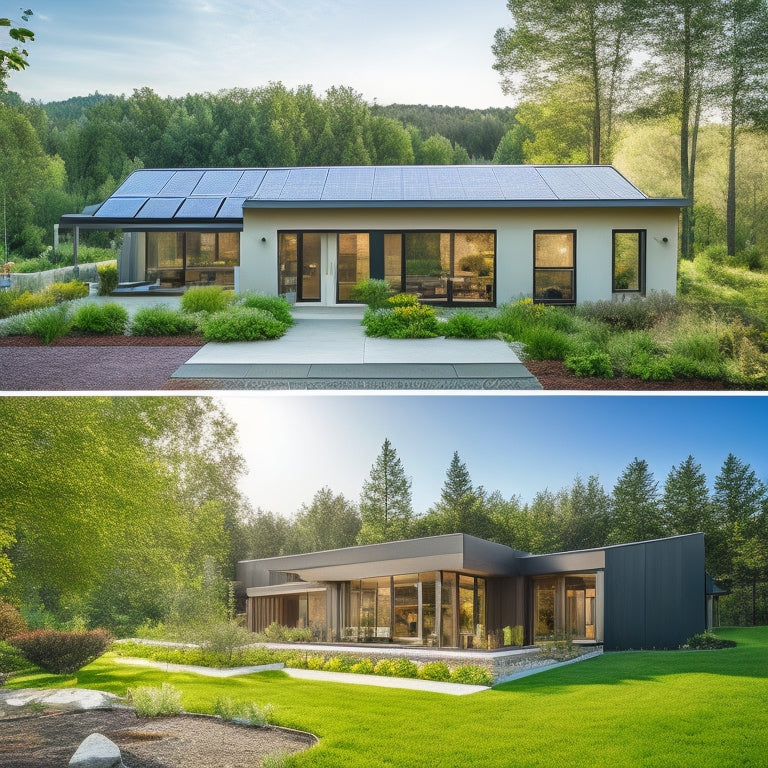 A modern eco-friendly home with solar panels, green roofs, large windows for natural light, rainwater harvesting systems, and lush gardens, surrounded by trees, showcasing energy-efficient appliances and sustainable materials in a serene landscape.