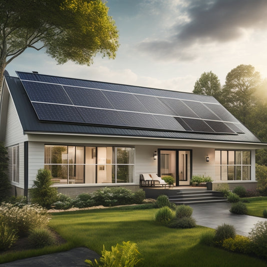 A serene suburban home with a sloping roof, surrounded by lush greenery, featuring a series of sleek, black solar panels installed at an angle, with shiny metal mounting systems and connecting wires.