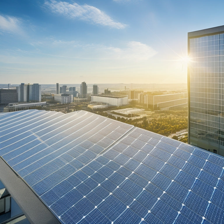 A modern office building with sleek, silver solar panels installed on the rooftop, surrounded by a bustling cityscape, with sunbeams radiating from a bright blue sky.