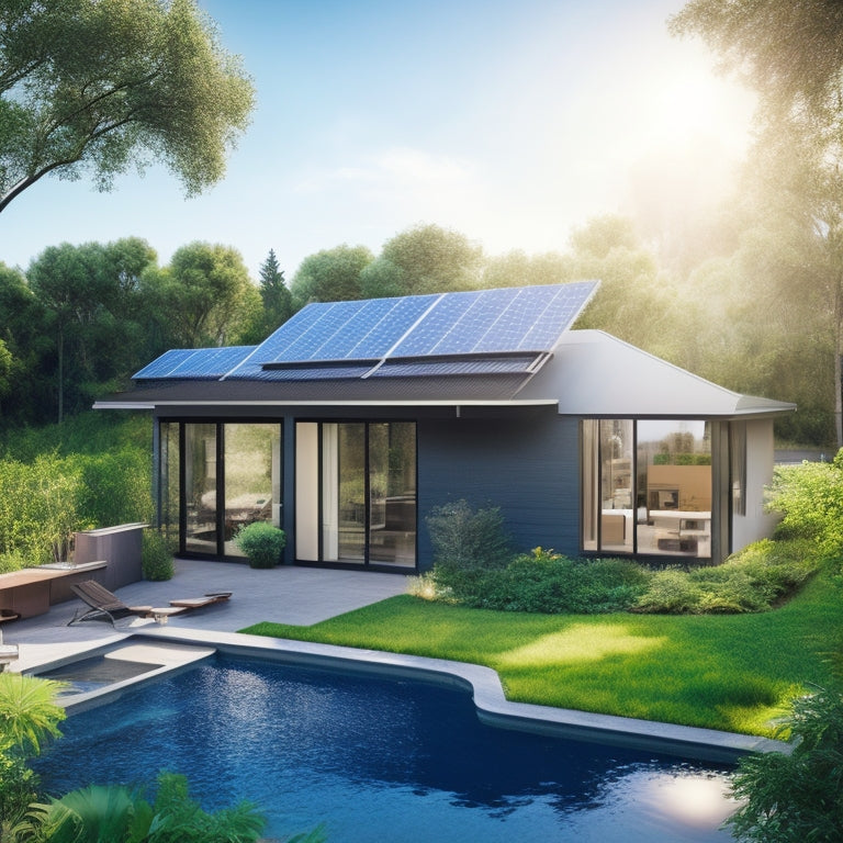 A modern, eco-friendly home featuring sleek solar panels on the roof, surrounded by lush greenery, with a radiant sun shining down, and a serene water tank gleaming in the sunlight, showcasing sustainable living.