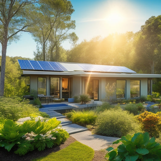 A serene eco-friendly home surrounded by lush greenery, featuring sleek solar panels on the roof, sun rays illuminating the panels, a vibrant garden with native plants, and a clear blue sky in the background.