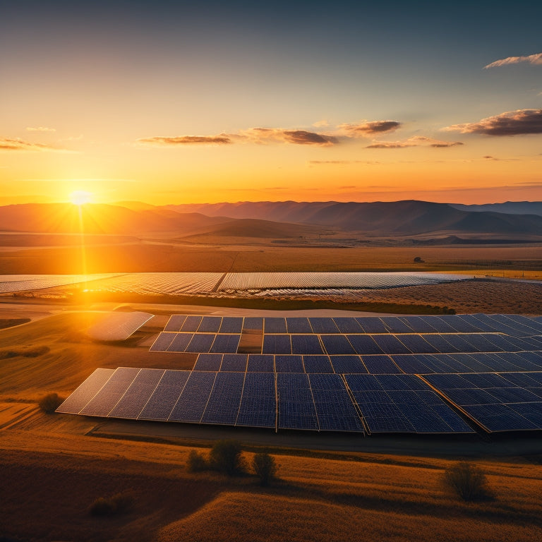 A sprawling solar farm at sunset, with rows of crystalline silicon panels stretching towards the horizon, surrounded by rolling hills and wind turbines in the distance.