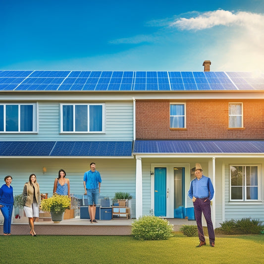 An illustration of a person standing in front of a house with a bright blue sky, surrounded by 5 distinct panels showing solar panels being installed, connected, and monitored.