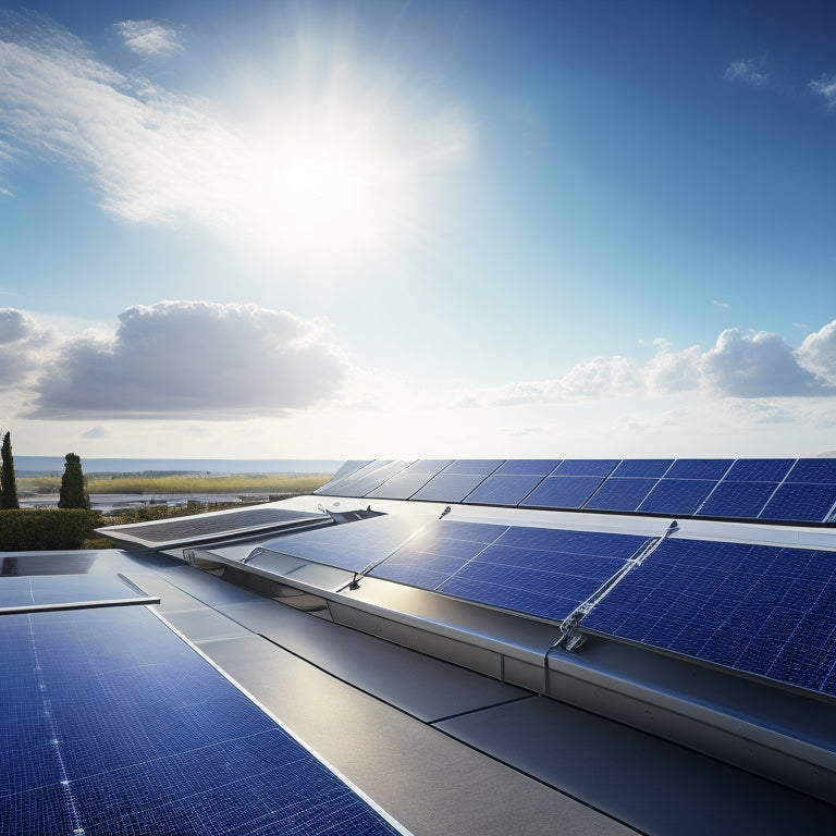 A photorealistic image of a sleek, modern rooftop with four high-efficiency solar panels, angled at 30 degrees, with a subtle sheen, set against a clear blue sky with a few wispy clouds.