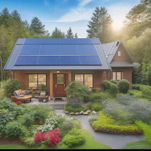 A cozy suburban home surrounded by lush greenery, featuring solar panels on the roof, a bright sun shining overhead, and a small vegetable garden nearby, showcasing an eco-friendly lifestyle and sustainable energy.